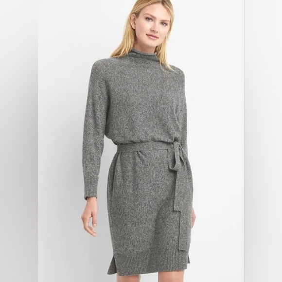 Gap Merino Wool Funnel Neck Tie-Belt Midi Dress Gray Women's Size Meduim - Picture 1 of 8